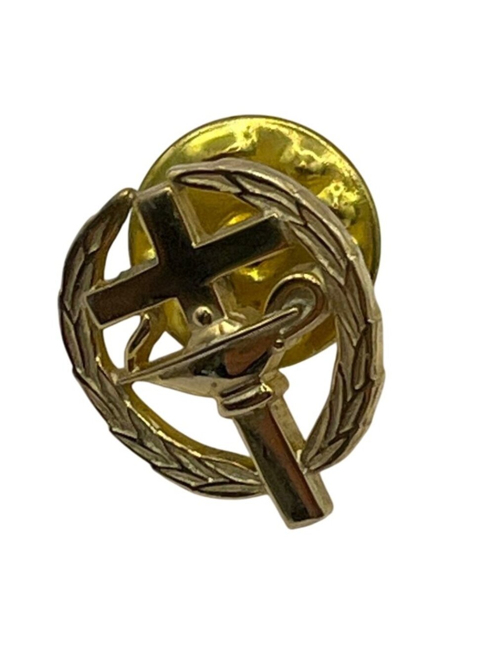 Gold Christian Cross & Lamp Of Knowledge Pin Badge With Laurel Wreath Design